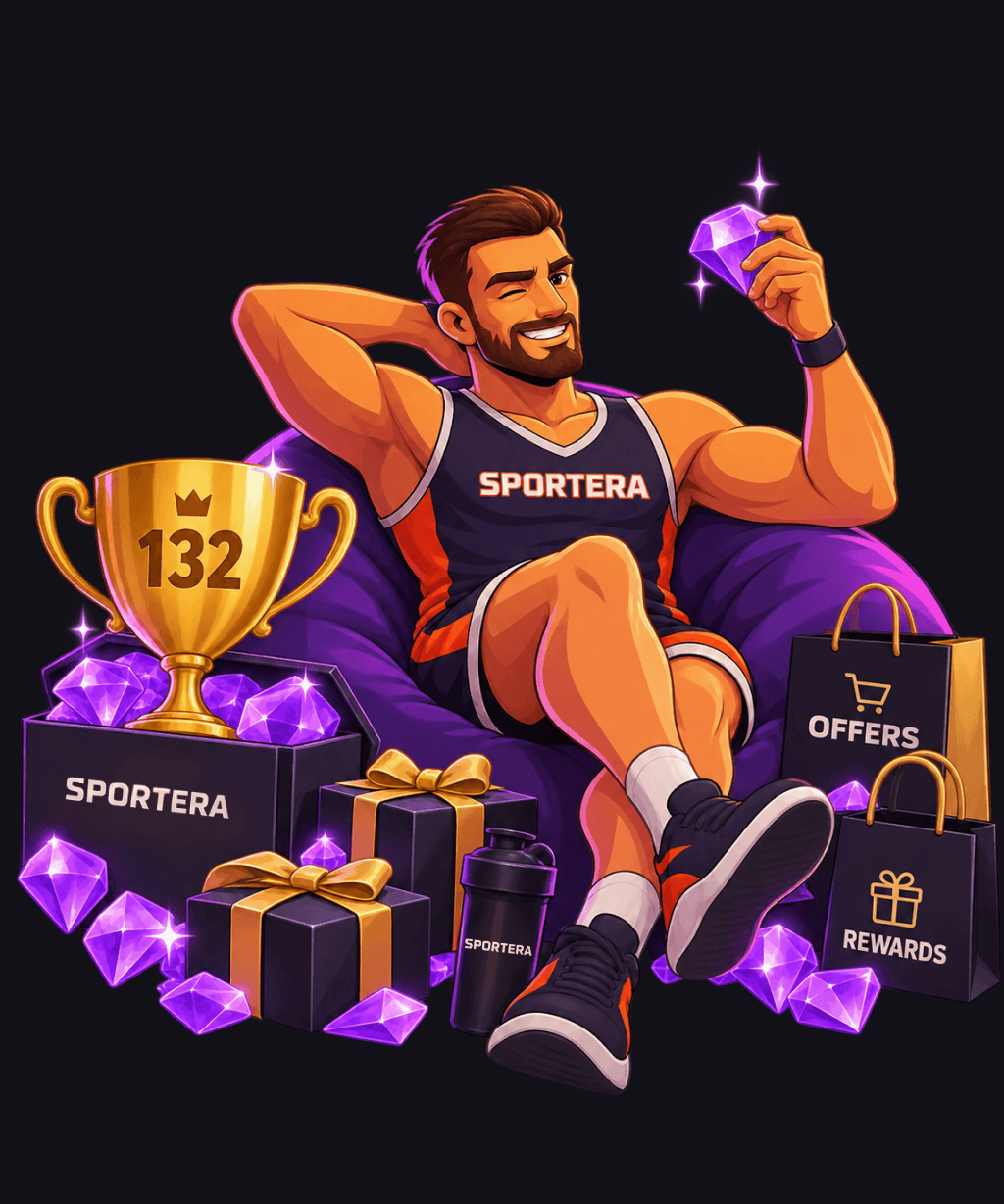 Sportowiec Sportera z pucharem, tokenami i nagrodami