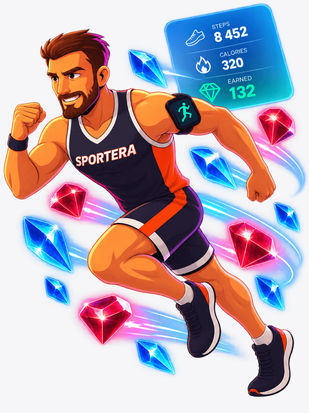 Sportowiec Sportera z pucharem, tokenami i nagrodami