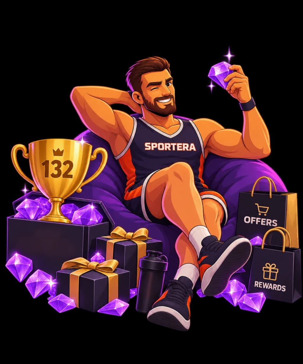 Sportera athlete relaxing with a trophy, crystals and gifts