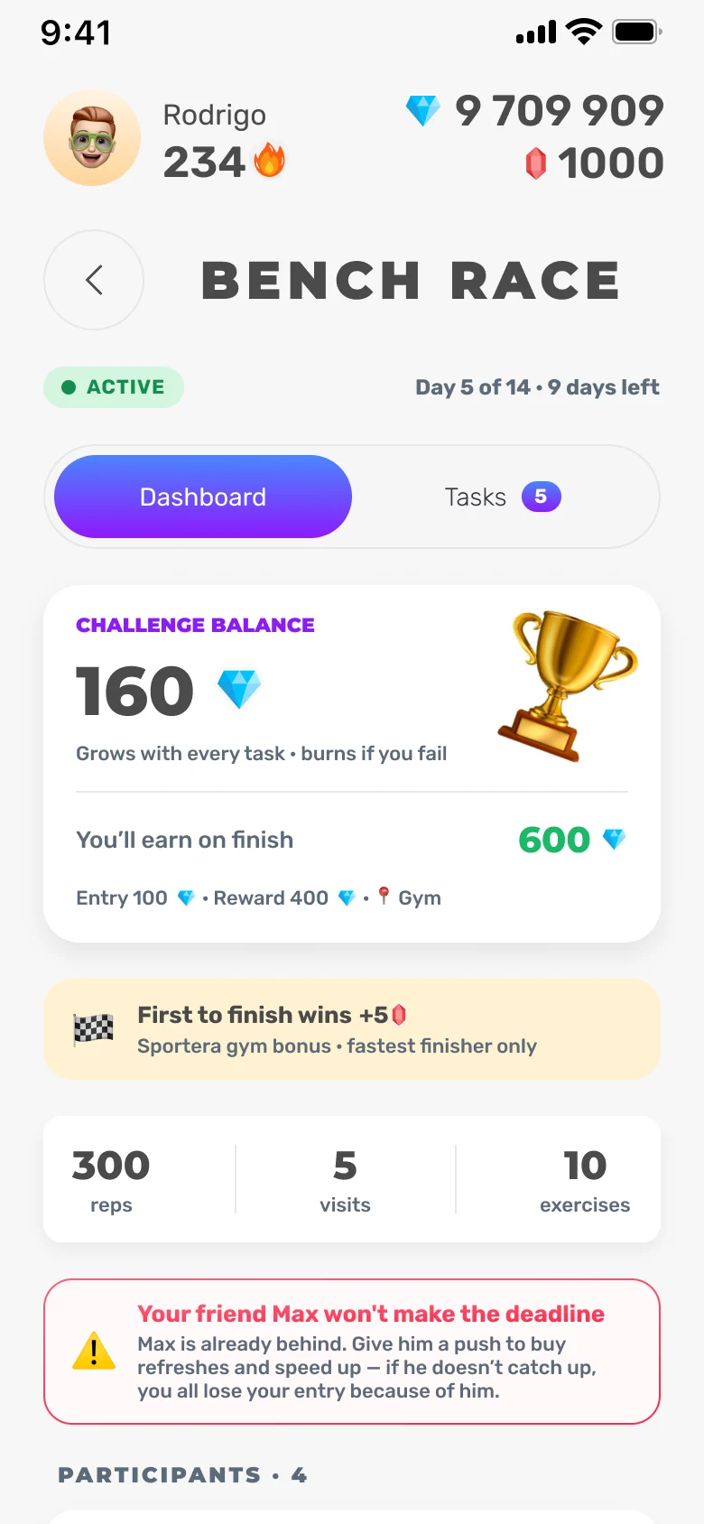 Sportera app — Bench Race challenge screen