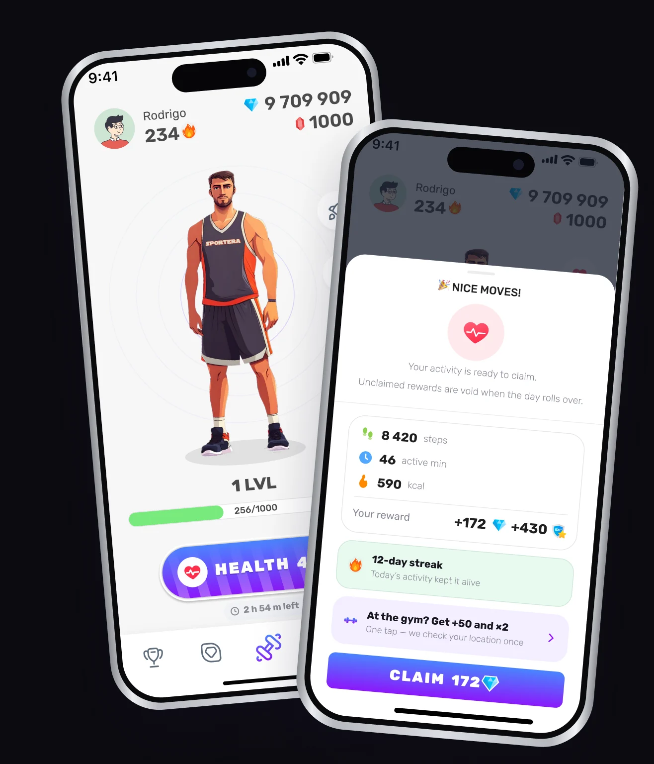 Two Sportera app screens: the home screen with the user’s character, and the crystals collected for a day of activity
