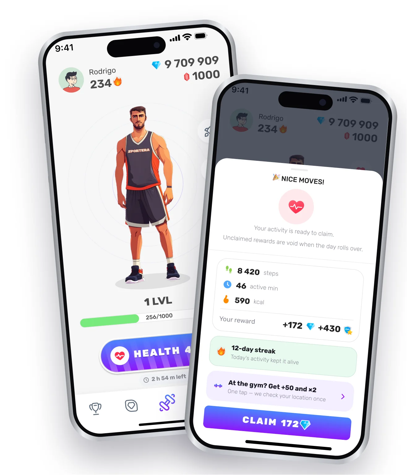 Two Sportera app screens: the home screen with the user’s character, and the crystals collected for a day of activity
