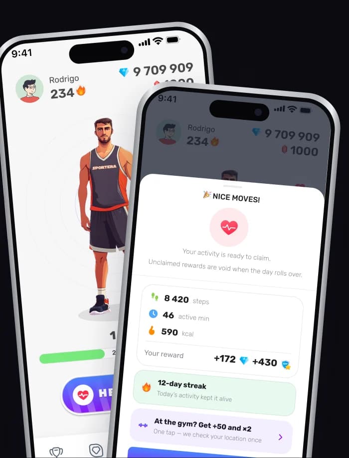 Two Sportera app screens: the home screen with the user’s character, and the crystals collected for a day of activity