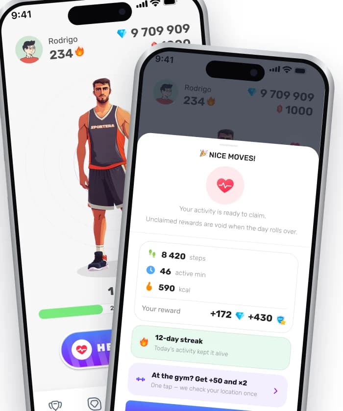 Two Sportera app screens: the home screen with the user’s character, and the crystals collected for a day of activity
