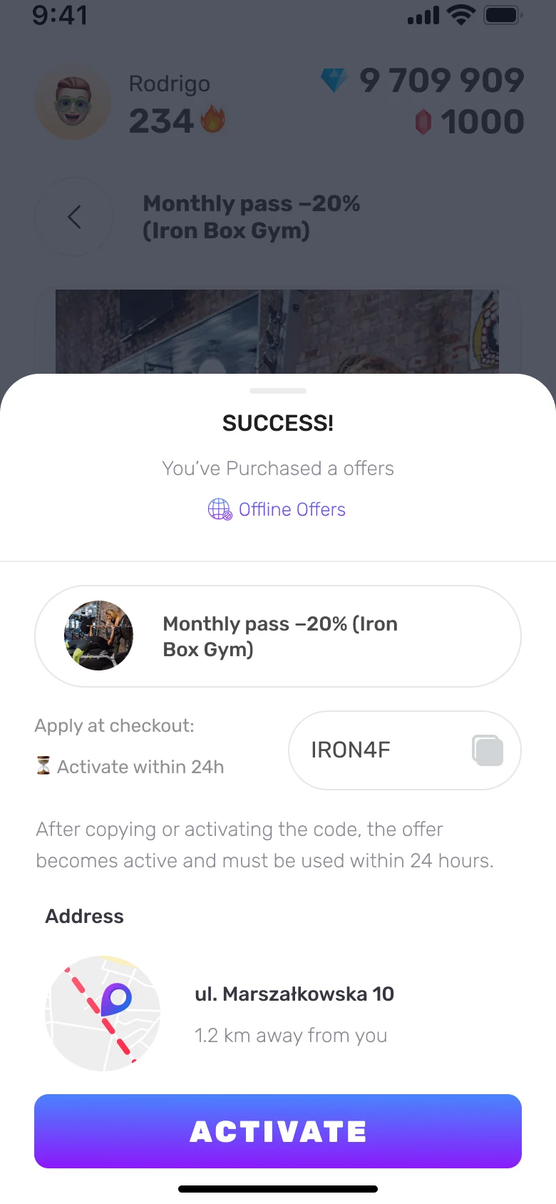 The offer’s unique code and the venue address after it was bought
